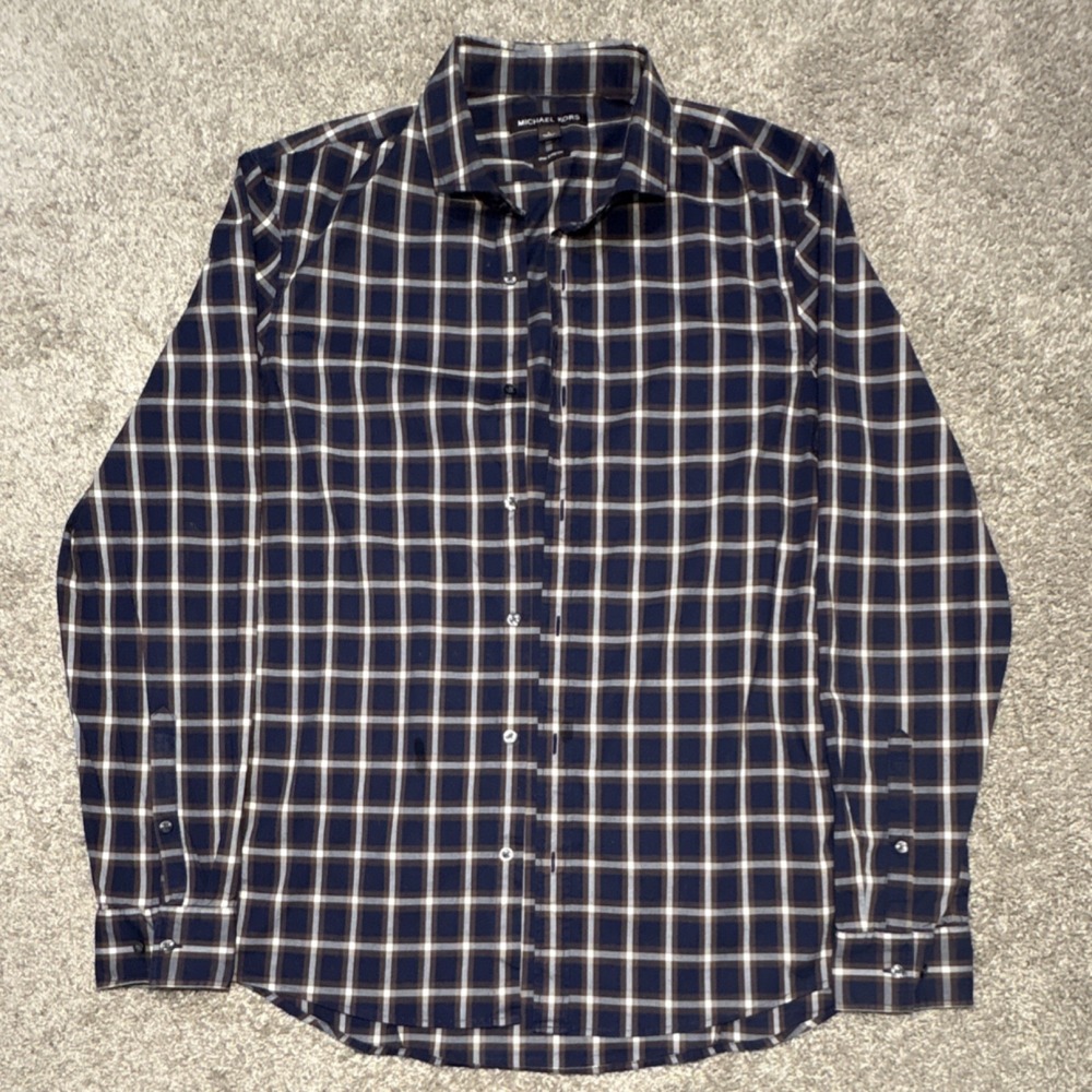 Michael Kors Mens L Blue Brown White Plaid Cotton Stretch Long Sleeve Button Up